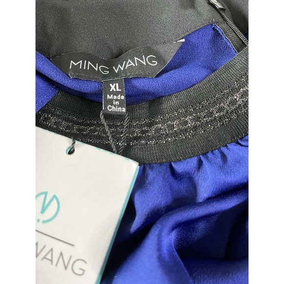 B678 NWT Ming Wang Keyhole Knit Trim Detail Crept De Chine Blouse. Lunar Blue XL - Picture 3 of 7